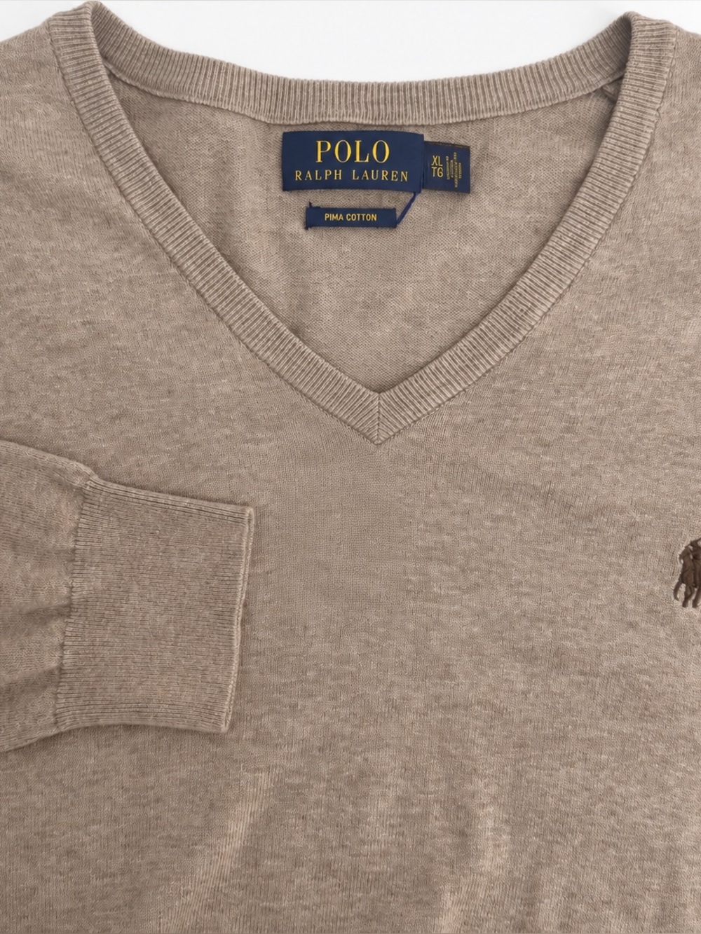 Polo Ralph Lauren Pullover Sweater Tan Mens XL V Neck Pima Cotton